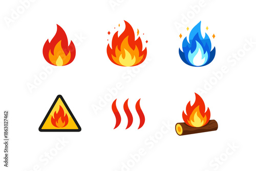 Collection of stylized fire icons and symbols representing heat and danger