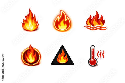 Collection of stylized fire icons and a thermometer indicating heat