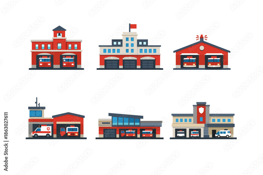 Obraz premium Collection of diverse fire station buildings with emergency vehicles in flat design style