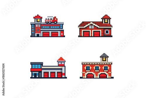 Collection of pixel art fire stations with different architectural styles and features