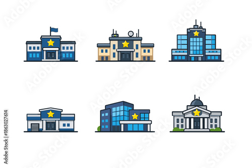Collection of diverse police station building icons in a flat design style