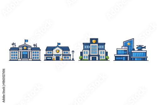 Collection of stylized police station buildings with different architectural designs