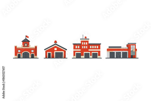 Collection of stylized fire stations and garages in a flat design style