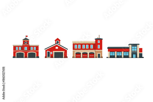 Collection of diverse red fire station buildings with garage doors and windows