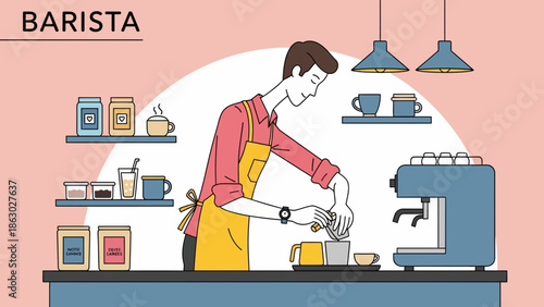 Barista preparing coffee drink at modern cafe counter with equipment