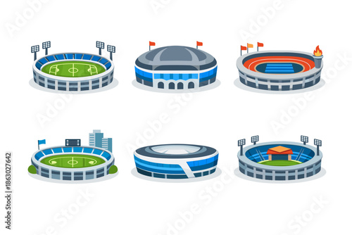 Collection of diverse stadium illustrations with various architectural styles and sports fields