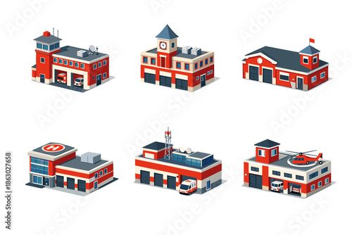 Collection of isometric emergency service buildings with vehicles and helipads