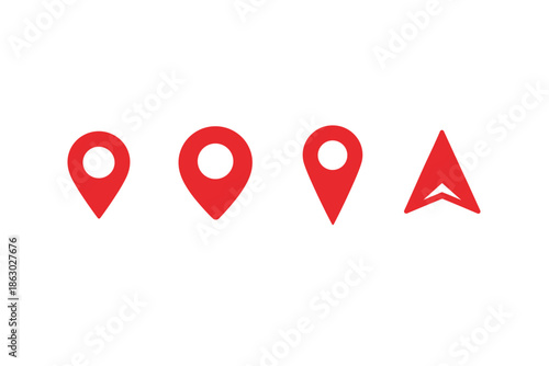 Collection of red map pin icons and a navigation arrow on a white background
