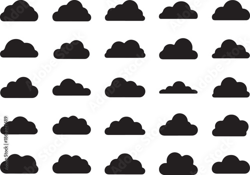 A collection of black cloud icons on a white background