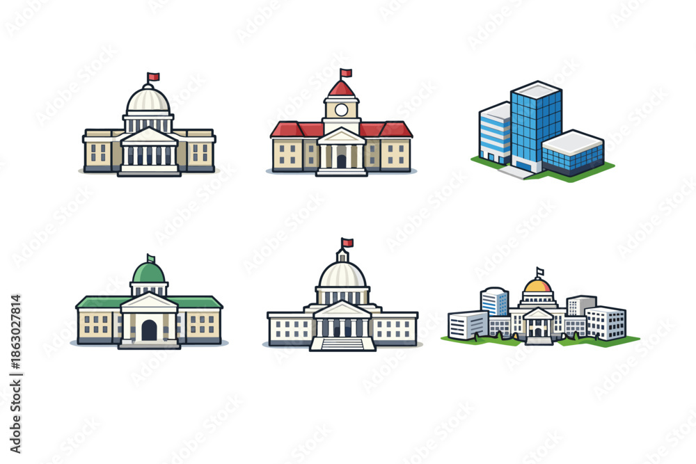 Fototapeta premium Collection of stylized government and modern buildings in a flat design style