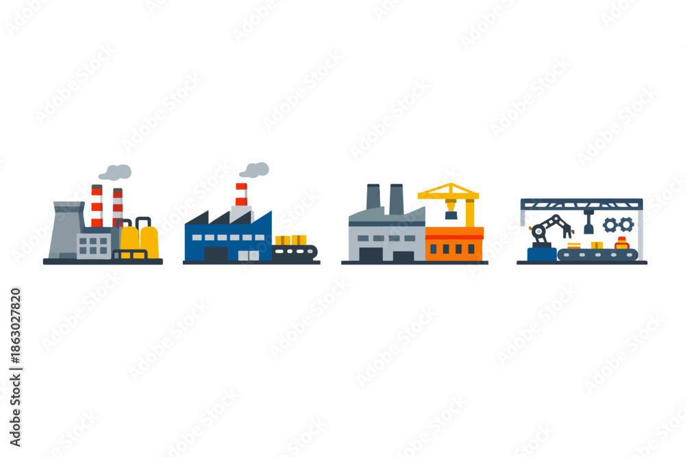 Fototapeta premium Collection of modern factory and industrial building illustrations with automated processes