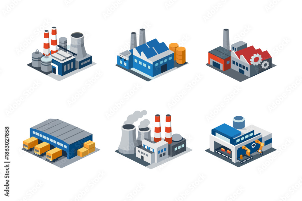 Obraz premium Collection of isometric industrial factory buildings and manufacturing plants