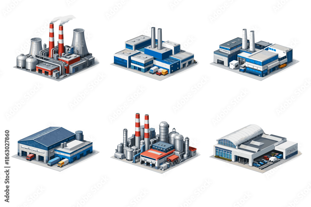 Obraz premium Collection of isometric industrial factory buildings with different designs and functions