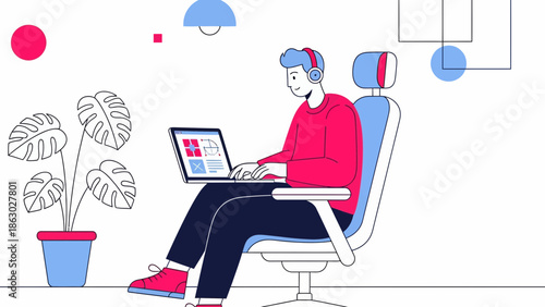 Young professional working remotely on laptop in modern home office