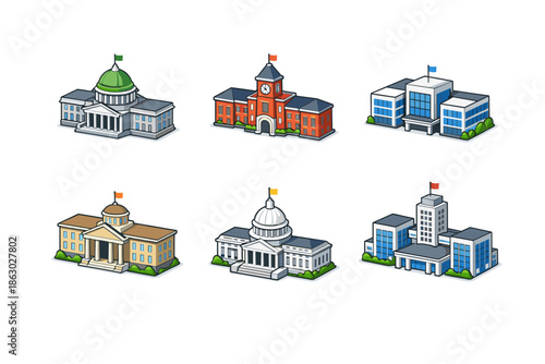 Collection of isometric government and institutional buildings with flags