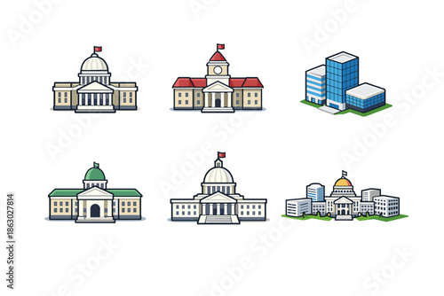 Collection of stylized government and modern buildings in a flat design style