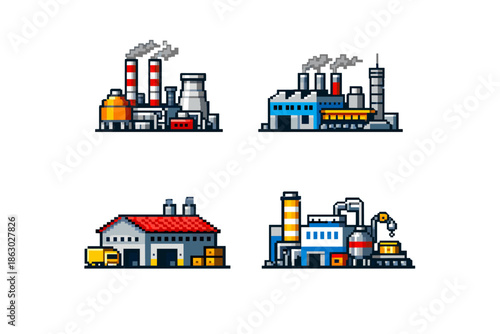 Pixel art factories and industrial buildings with smoke and machinery