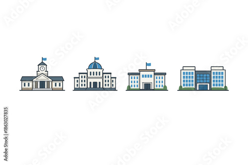 Collection of stylized government and institutional buildings with flags