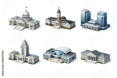 Collection of isometric government and corporate buildings on a white background