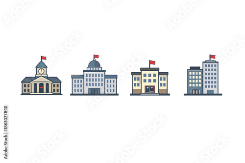 Collection of flat design government and institutional buildings with flags