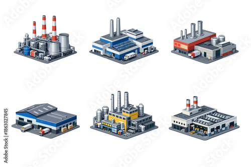 Collection of isometric industrial factory buildings with chimneys and trucks