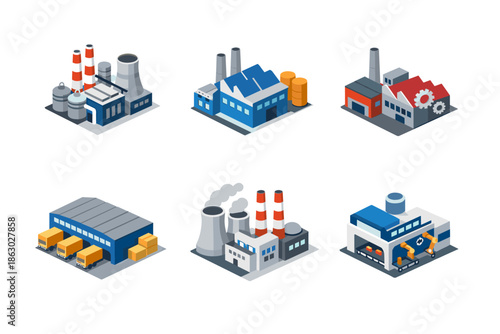 Collection of isometric industrial factory buildings and manufacturing plants