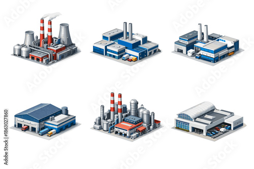 Collection of isometric industrial factory buildings with different designs and functions