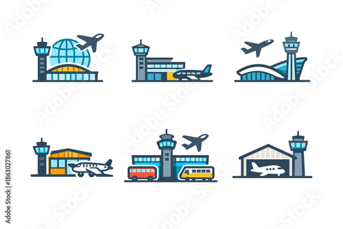Collection of stylized airport icons featuring airplanes, control towers, and terminals