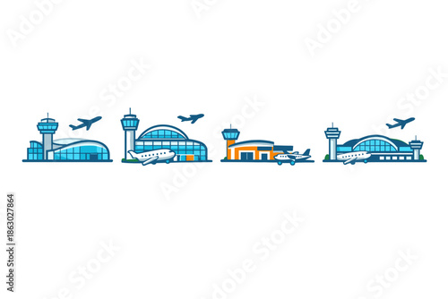 Modern airport terminals with airplanes and control towers in a clean vector illustration