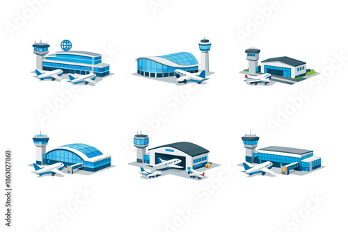 Collection of isometric airport buildings and airplanes in a flat design style
