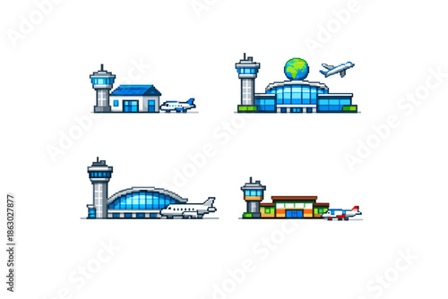 Pixel art airport terminals with airplanes and control towers, vector icons
