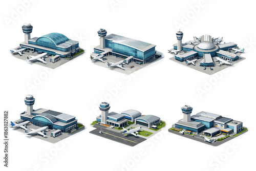 Collection of isometric airport buildings with airplanes and control towers