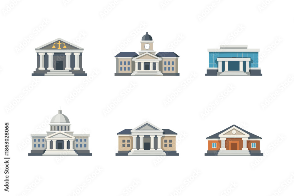 Fototapeta premium Collection of diverse government and public building illustrations on a white background