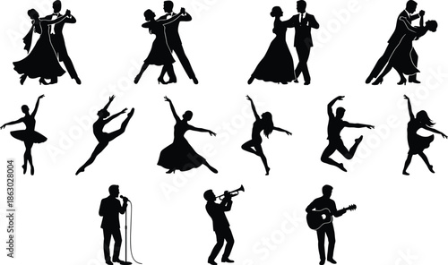 Dance and music silhouettes collection featuring ballroom couples, ballet dancers, and musicians, elegant artistic performance figures isolated on white backgroundWeb