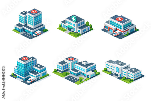 Collection of modern isometric hospital buildings with helipads and ambulances