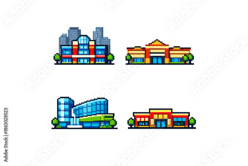 Collection of pixel art buildings, including modern and classic architectural styles