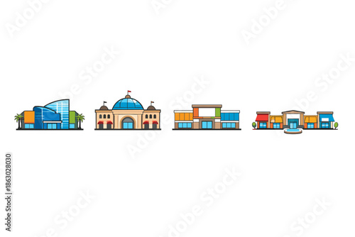 Collection of diverse shopping mall buildings with modern and classic architectural styles