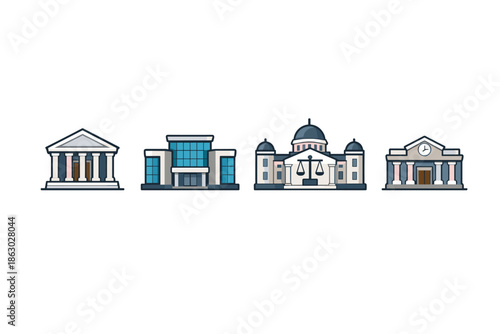 Collection of diverse government and legal buildings with distinct architectural styles
