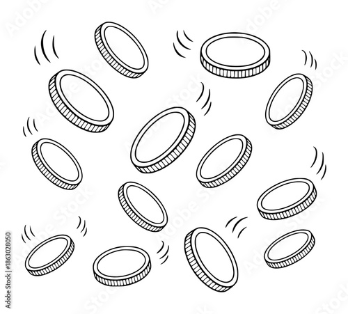 Black and white of multiple coins spinning and falling money currency