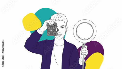 Young photographer capturing moments with camera and softbox lighting