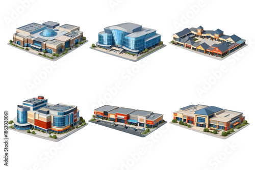 Collection of diverse isometric shopping mall and retail building illustrations