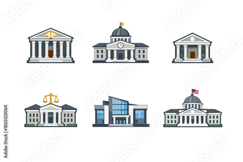 Collection of diverse government and legal building icons on a white background