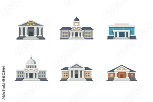 Collection of diverse government and public building illustrations on a white background