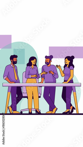 Diverse group of coworkers collaborating and smiling in modern office setting