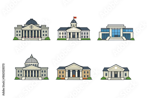 Collection of diverse government and institutional building illustrations on white background