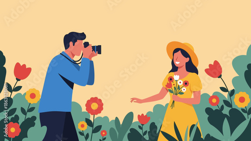 Photographer capturing woman in vibrant flower garden with bouquet