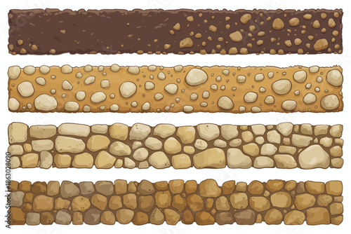 Cartoon layers of soil gravel cobblestone and rock wall textures in earth tones dirt ground