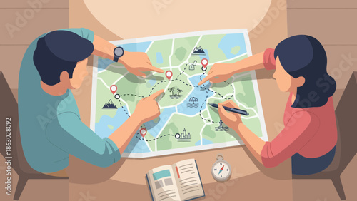 Couple planning vacation route on detailed travel map together
