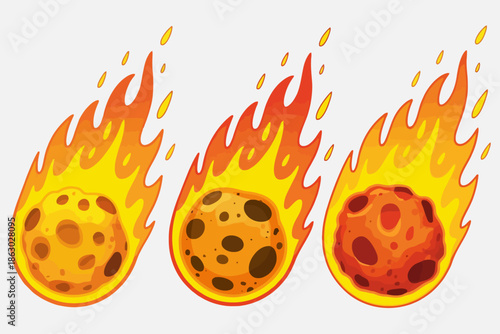 Cartoon meteors with fiery tails falling through space a white background comet fire