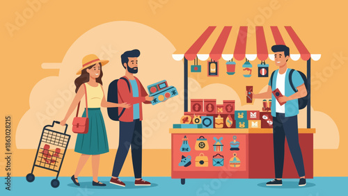 Happy tourists shopping at a vibrant market stall on a sunny day